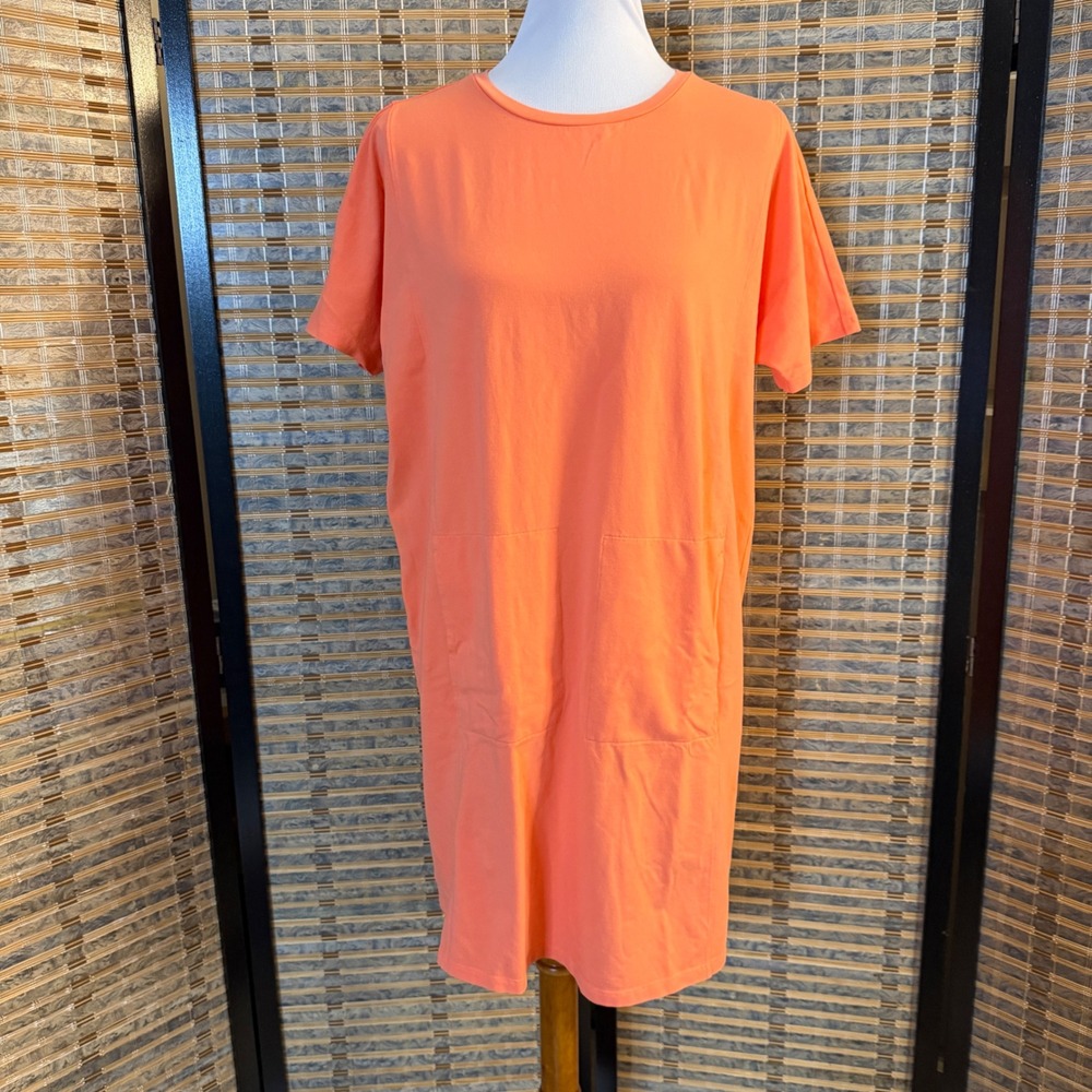 Eileen Fisher T-Shirt Dress Women XS Orange Organic Cotton Pocket Shift S23